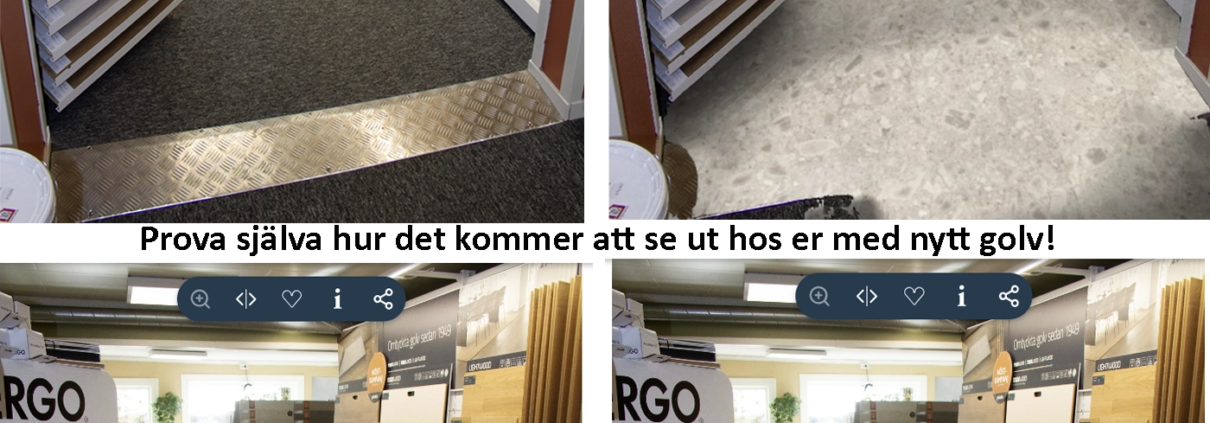 Bild visar fyra olika golv. Idag är det heltäckningsmatta men så visas tre andra bilder i samma bild där vi har valt olika golvmaterial för att se hur rummet kommer att se ut. Detta har gjorts i ett digitalt showroom.